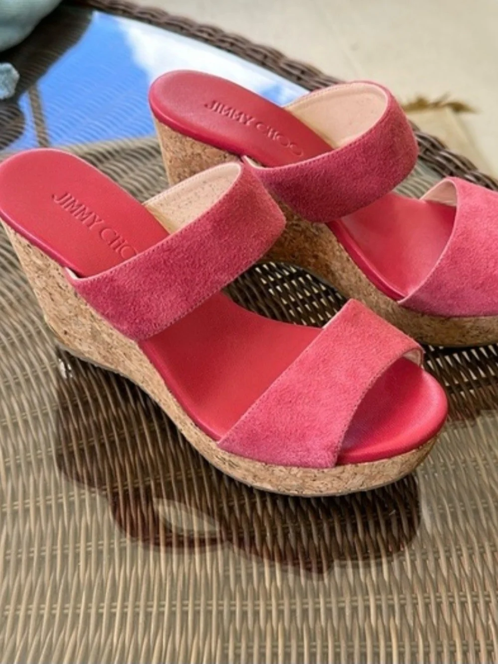 Jimmy Choo Pink Suede Cork Wedge Slide Sandals. Size 7.5, (37.5) women
